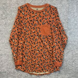 MARLEYLILLY Top Women's S/M Orange Black Leopard Print Crew Neck Long Sleeve